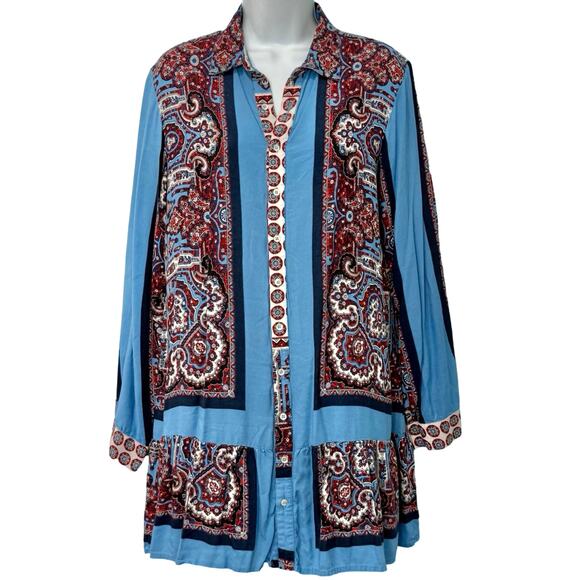 Farm Rio Blue Red White Paisley Collared Button Up Shirt Ruffle Mini Dress sz L - Picture 1 of 16